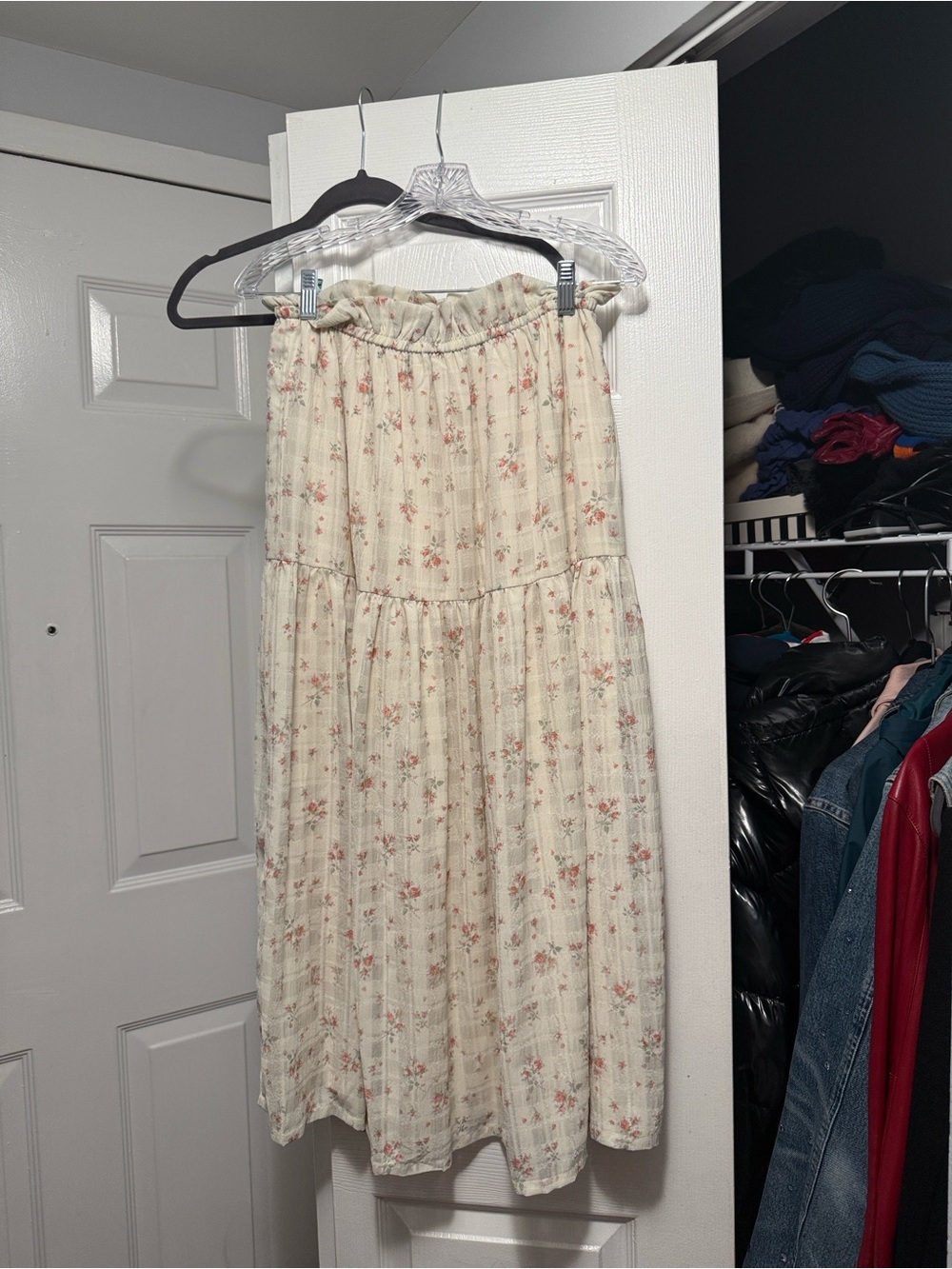 Cream Floral Tiered Midi Skirt